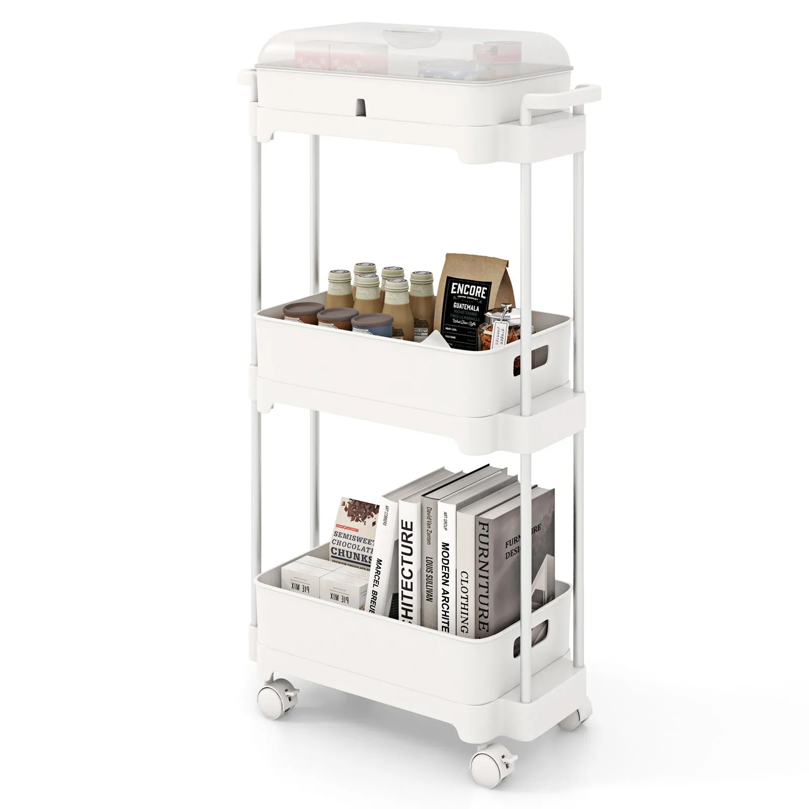 3-Tier Rolling Utility Cart Storage Trolley with Removable Cover and Shelves-White