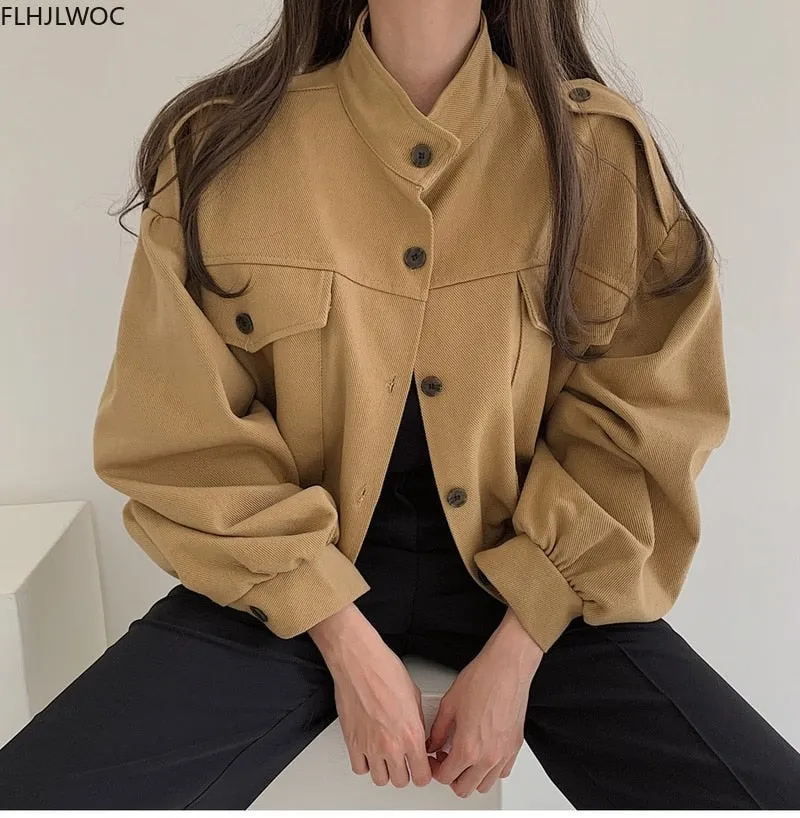 Aesthetic Winter Crop Jackets with Puff Sleeves and Single Breasted Closure