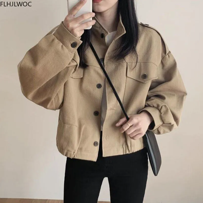 Aesthetic Winter Crop Jackets with Puff Sleeves and Single Breasted Closure