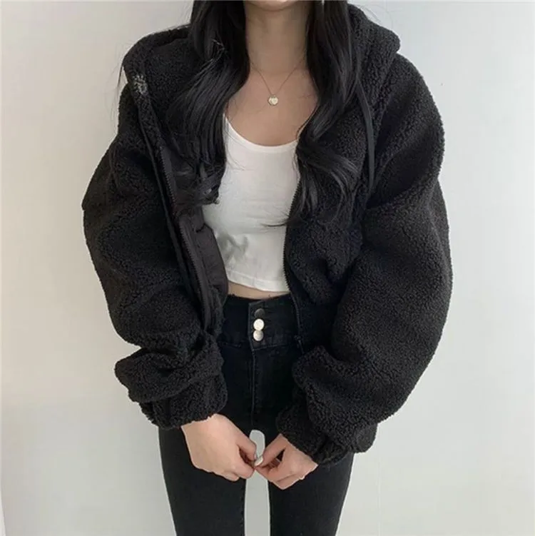 All-Match Simple Casual Loose Warm Thickened Short Hooded Jacket Wholesale Women Top