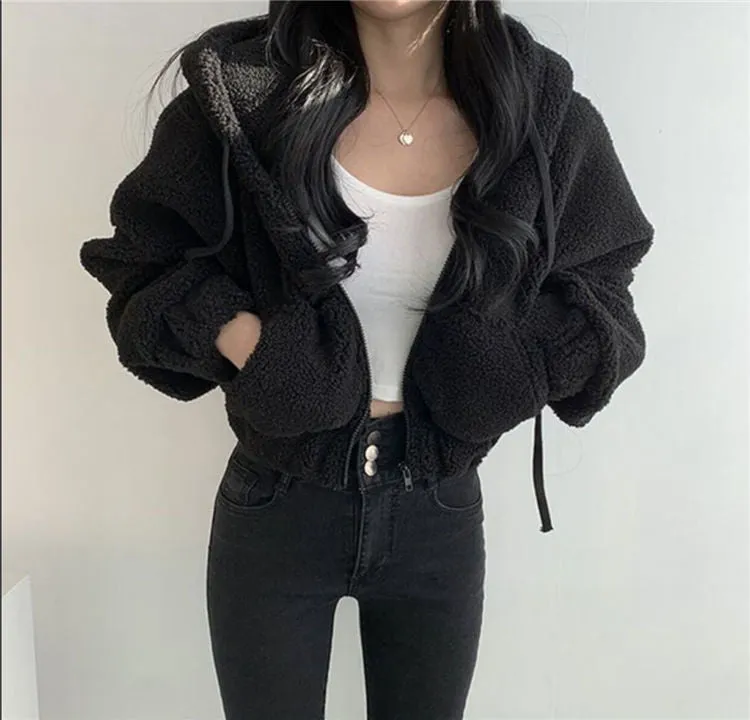 All-Match Simple Casual Loose Warm Thickened Short Hooded Jacket Wholesale Women Top