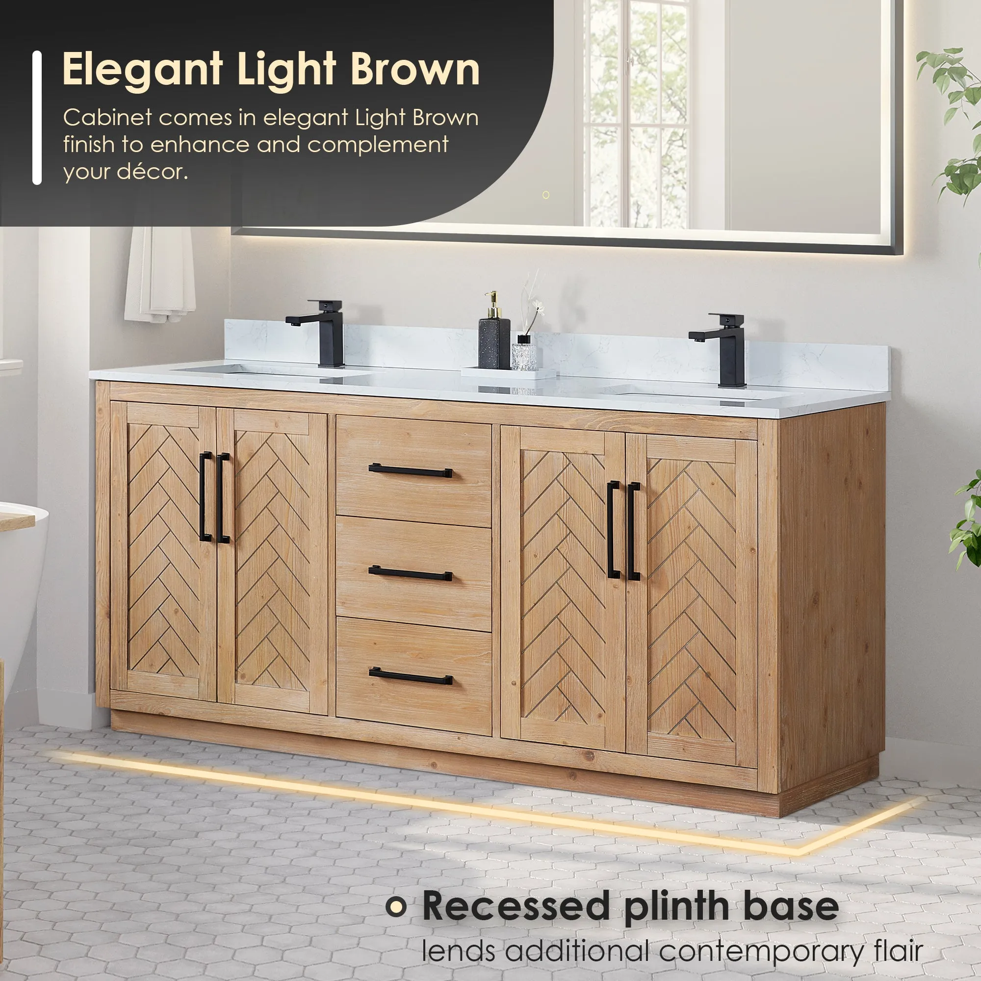 Anais 72" Double Bathroom Vanity in Light Brown with Engineered Stone Countertop