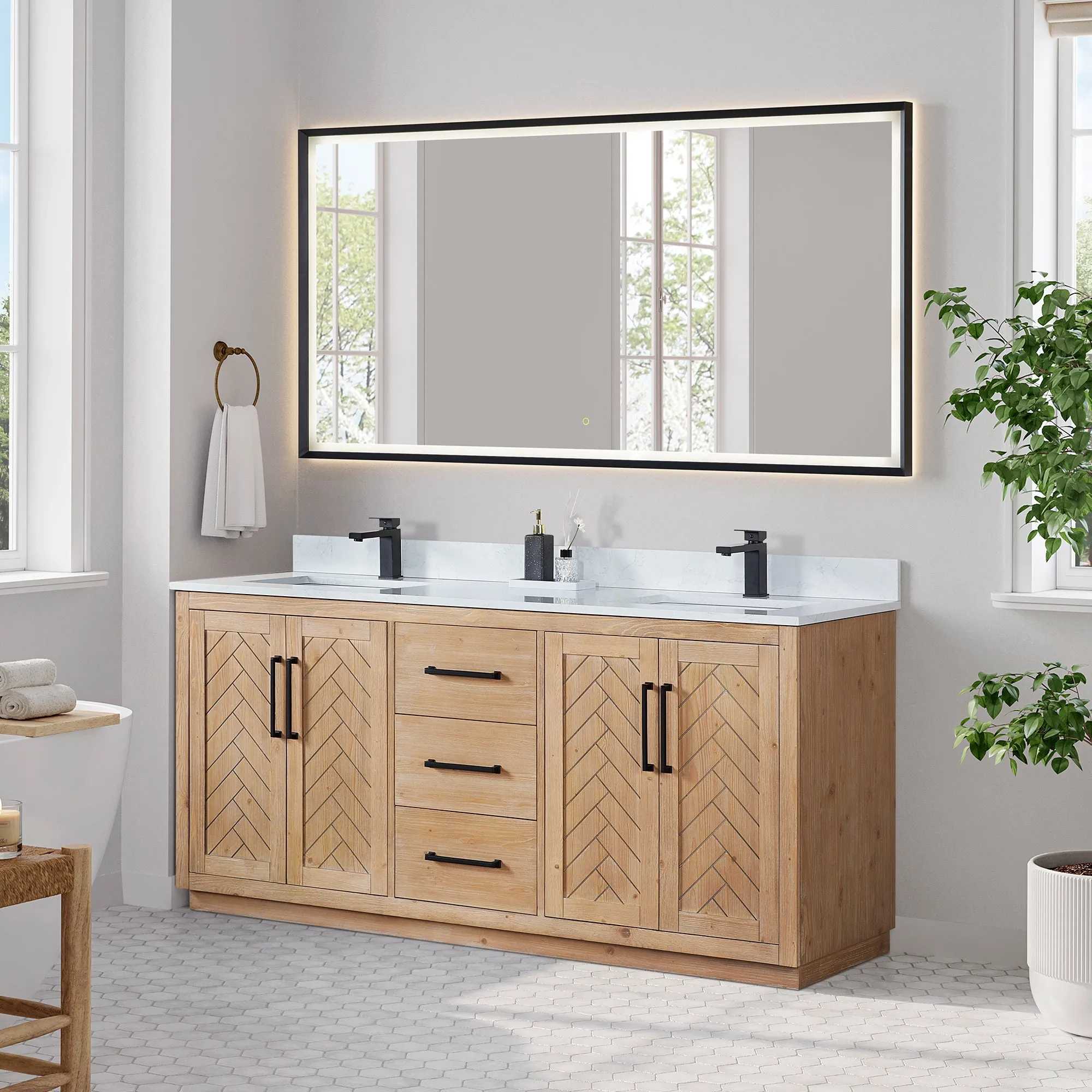 Anais 72" Double Bathroom Vanity in Light Brown with Engineered Stone Countertop