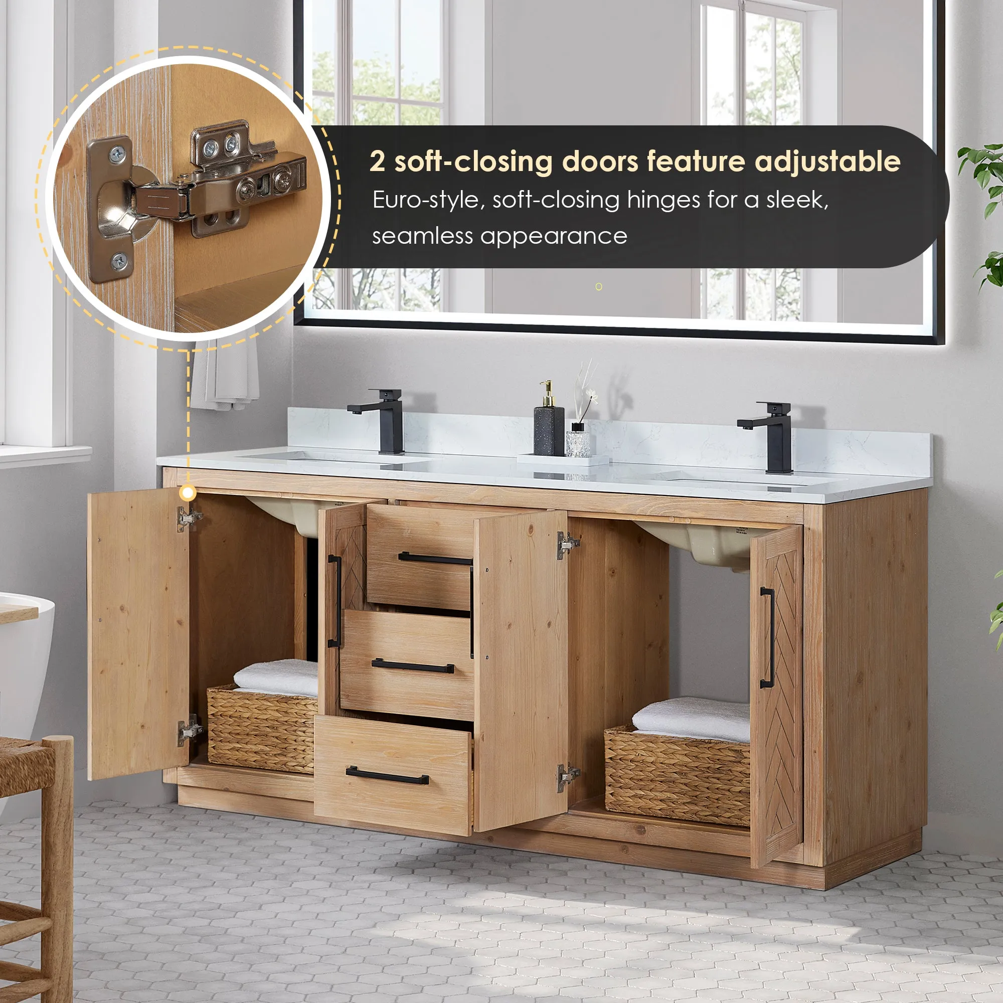 Anais 72" Double Bathroom Vanity in Light Brown with Engineered Stone Countertop