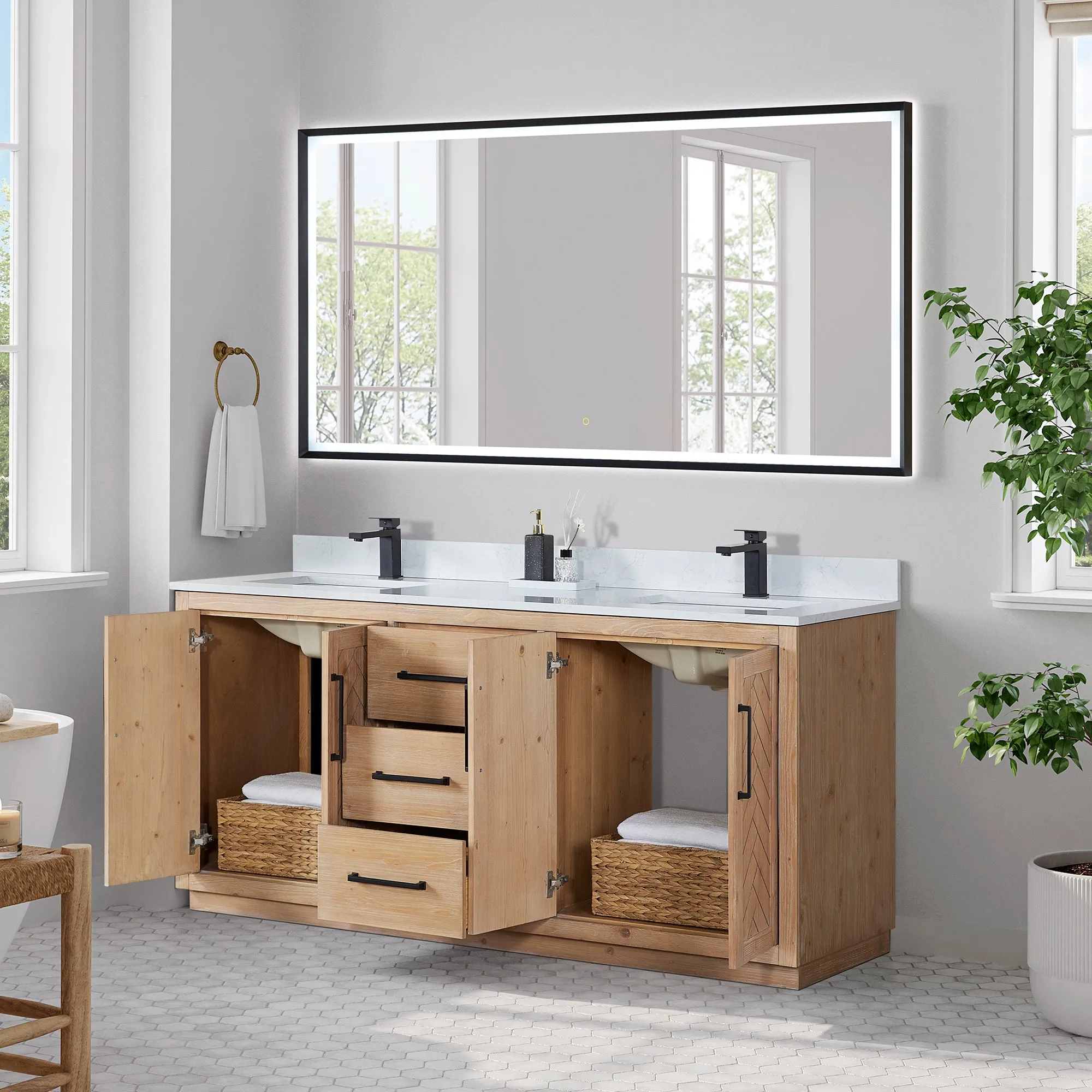 Anais 72" Double Bathroom Vanity in Light Brown with Engineered Stone Countertop