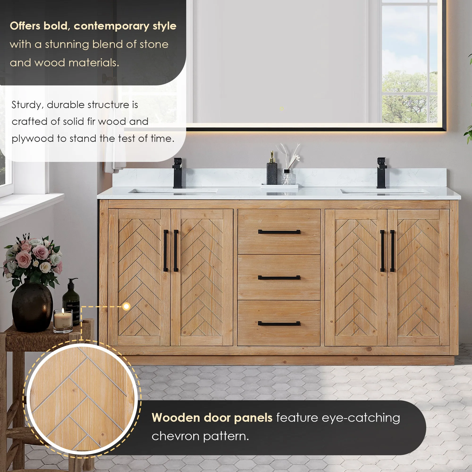 Anais 72" Double Bathroom Vanity in Light Brown with Engineered Stone Countertop