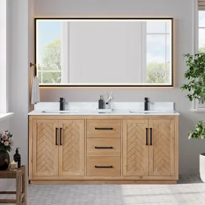 Anais 72" Double Bathroom Vanity in Light Brown with Engineered Stone Countertop