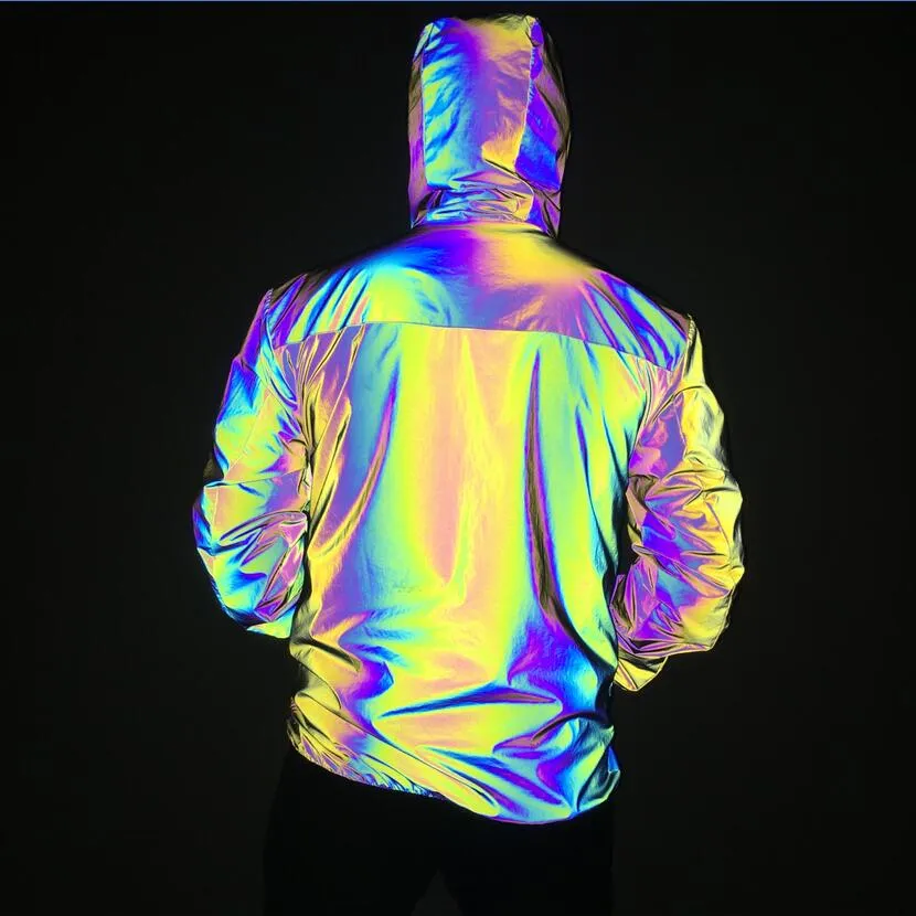 Autumn Winter Men Night Colorful Reflective Hooded Jacket Casual Windbreaker Man Hip Hop Jackets And Coats Drop Shipping