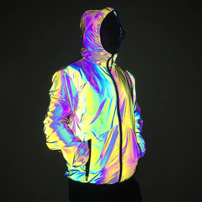 Autumn Winter Men Night Colorful Reflective Hooded Jacket Casual Windbreaker Man Hip Hop Jackets And Coats Drop Shipping