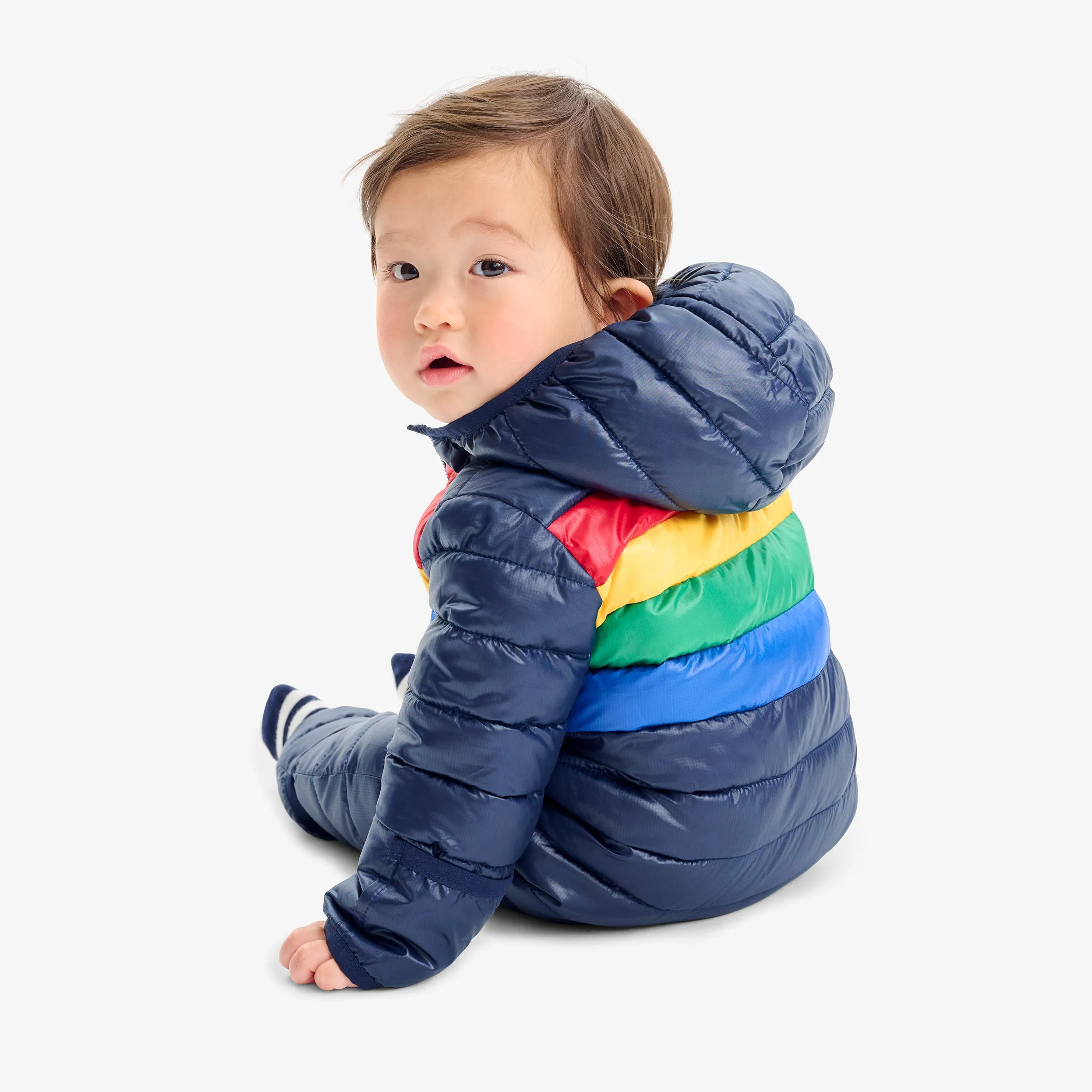 Baby lightweight puffer suit in stripe