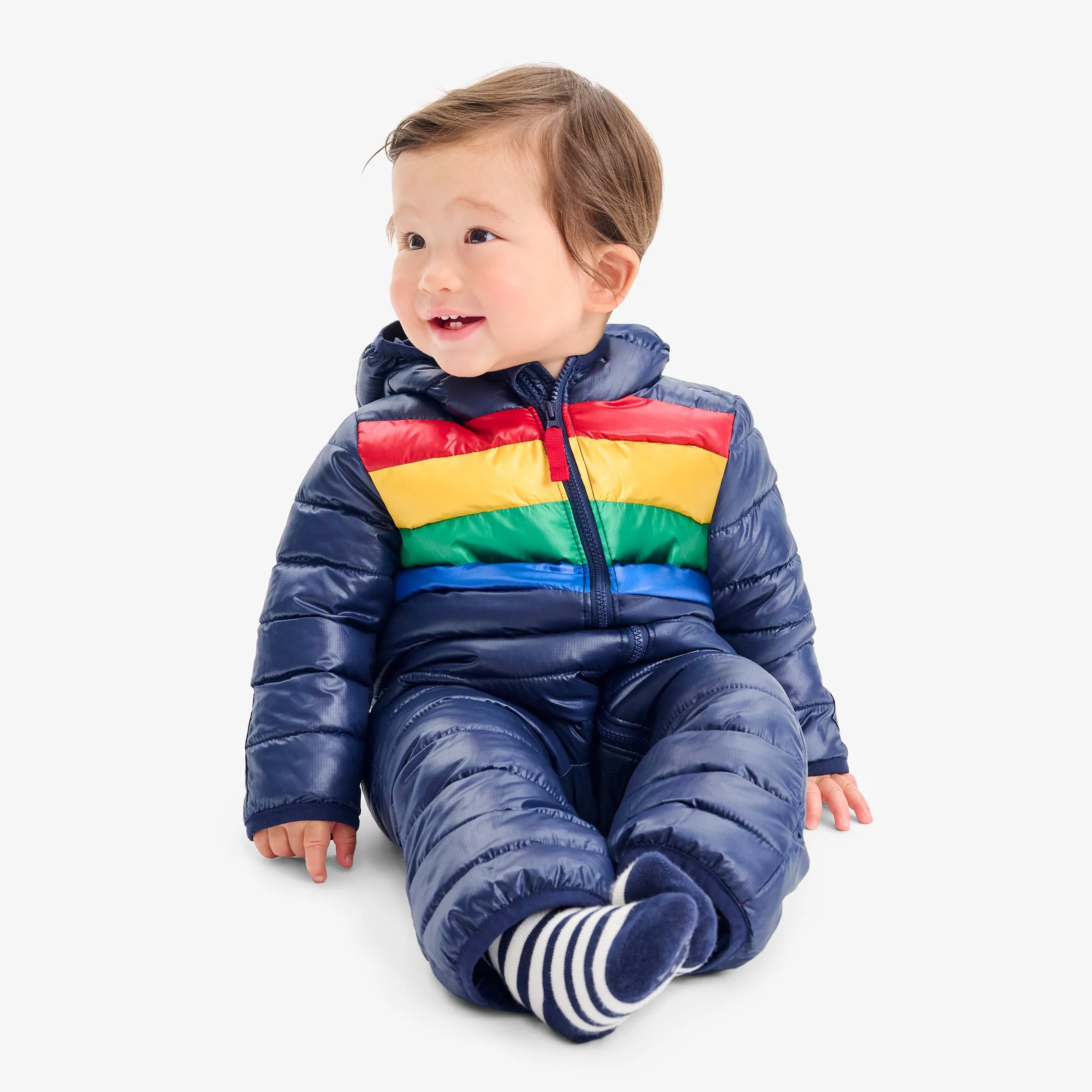 Baby lightweight puffer suit in stripe