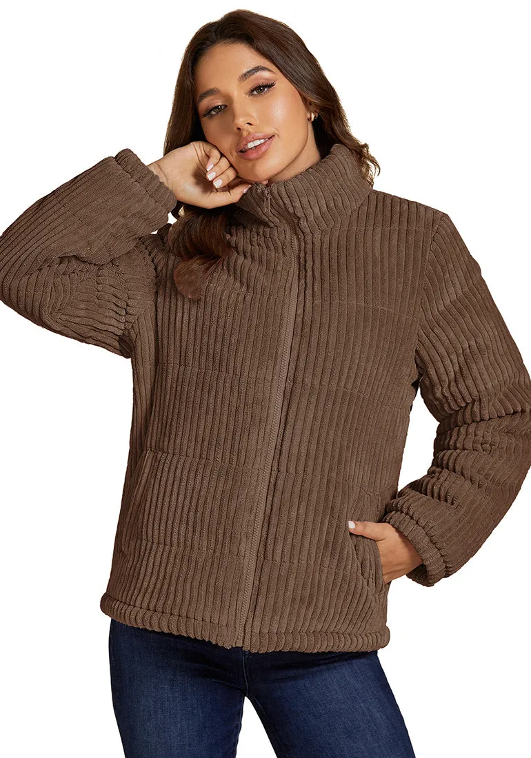 Brown Women Casual Corduroy Winter Full Front Zip Stand Neck Long Fit Moderate Jackets