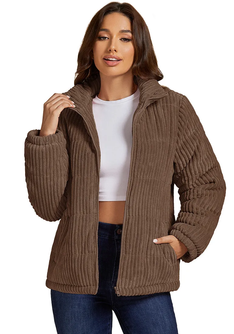 Brown Women Casual Corduroy Winter Full Front Zip Stand Neck Long Fit Moderate Jackets