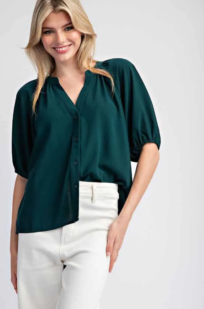 Button Down Blouse Top in Hunter Green by eesome