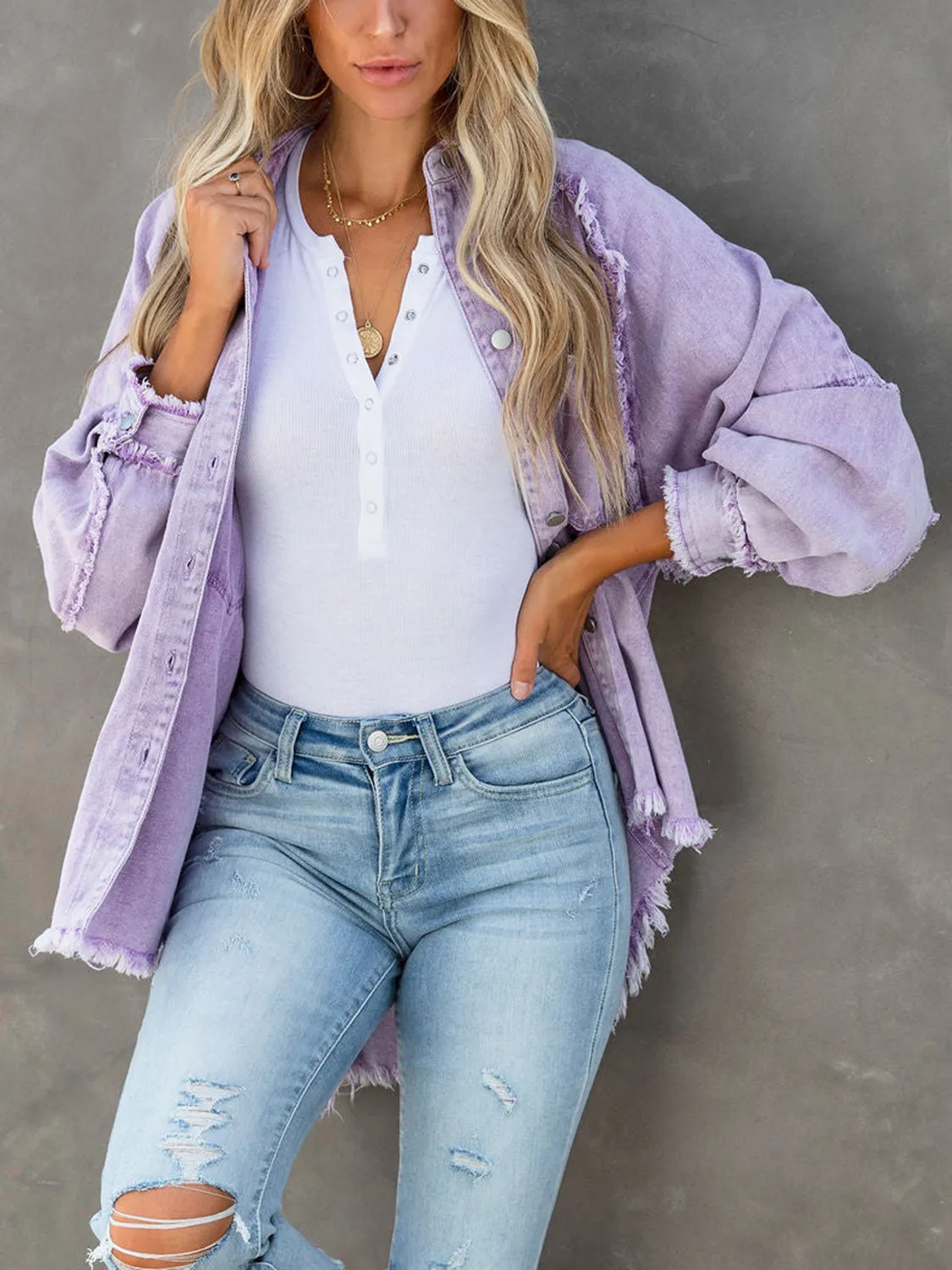 Button Down Raw Hem Denim Jacket - 2 Colors