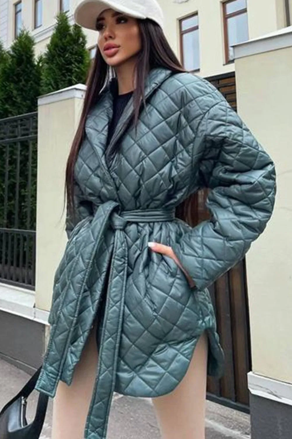 Canton Lapel Collar Belted Quilted Long Puffer Coat