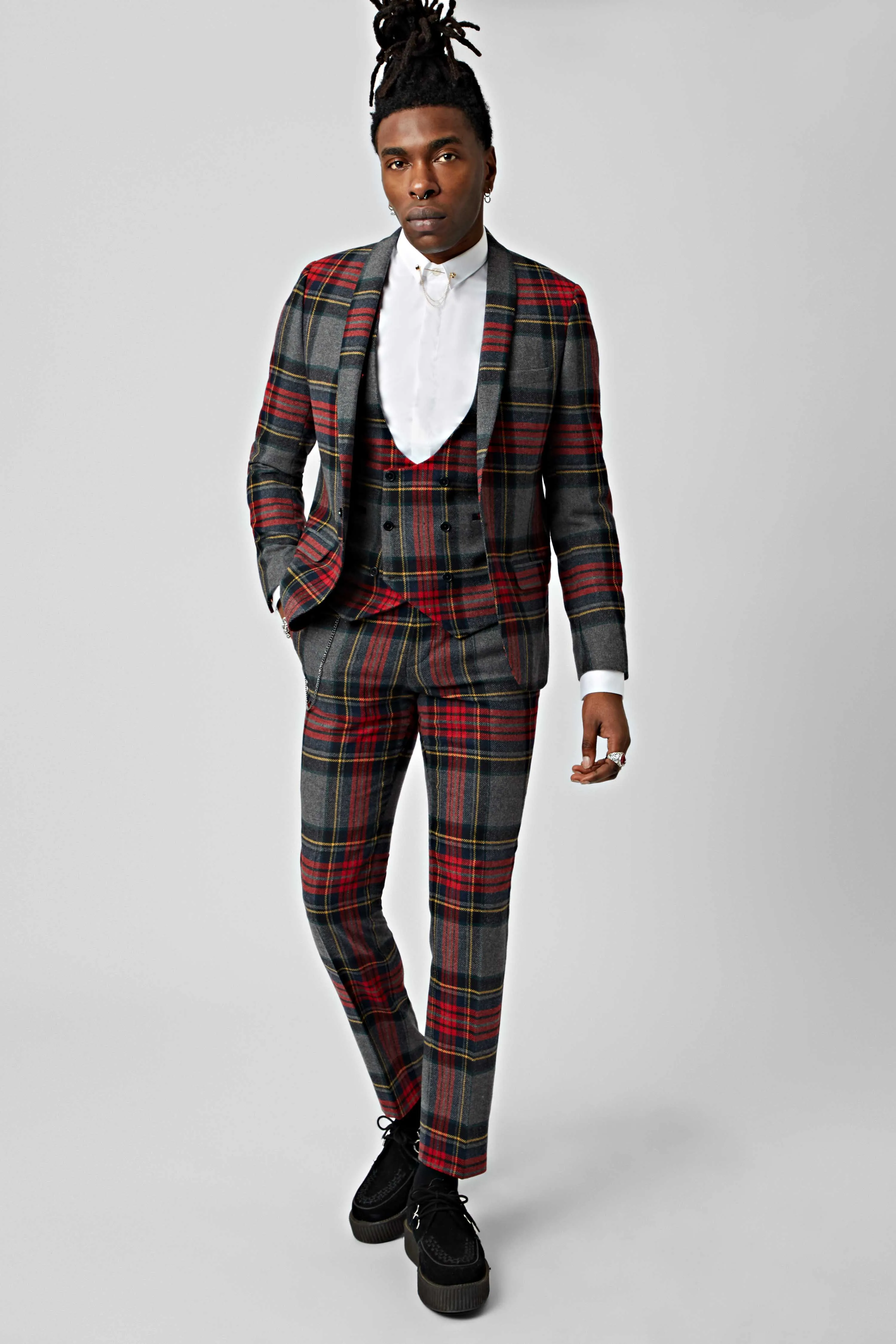 Cardosi Skinny Fit Red Tartan Wool Suit