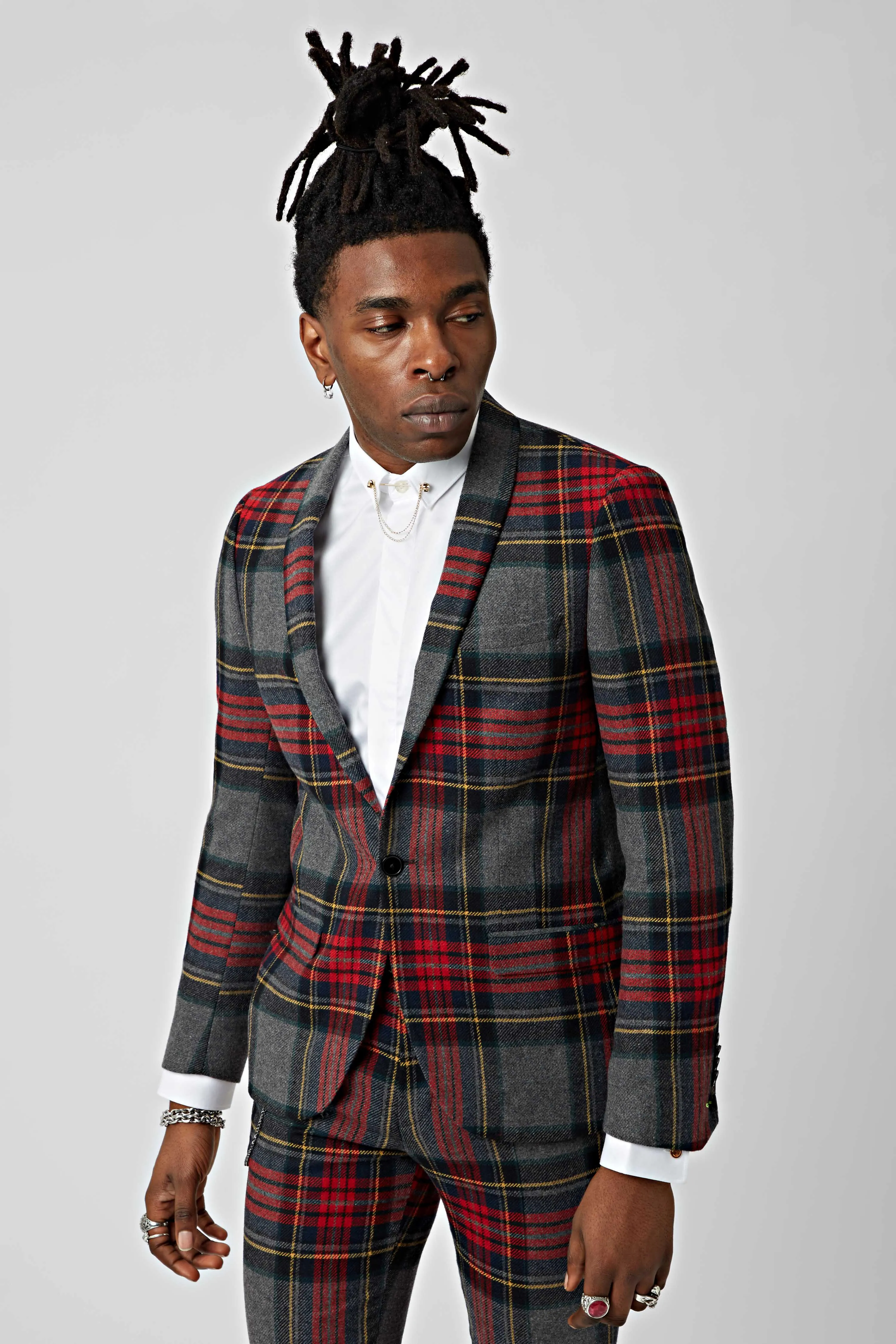 Cardosi Skinny Fit Red Tartan Wool Suit