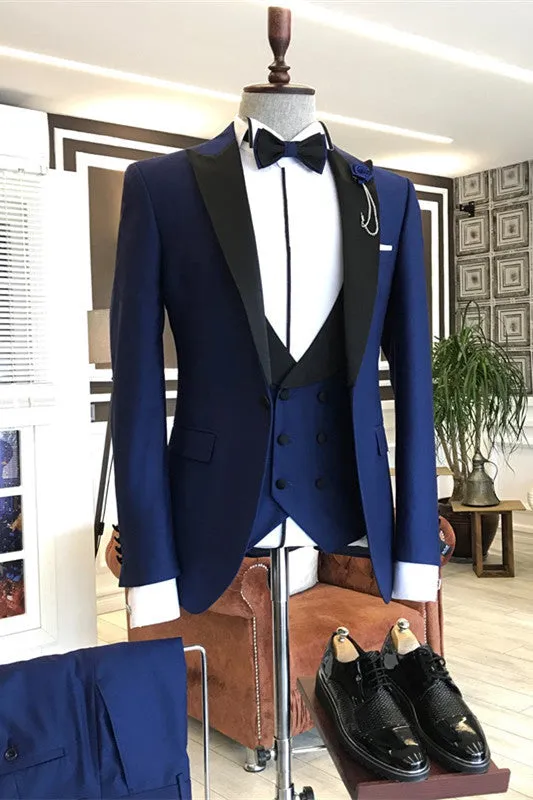 Chic Blue Three Pieces Slim Fit Prom Suits with Black Peaked Lapel