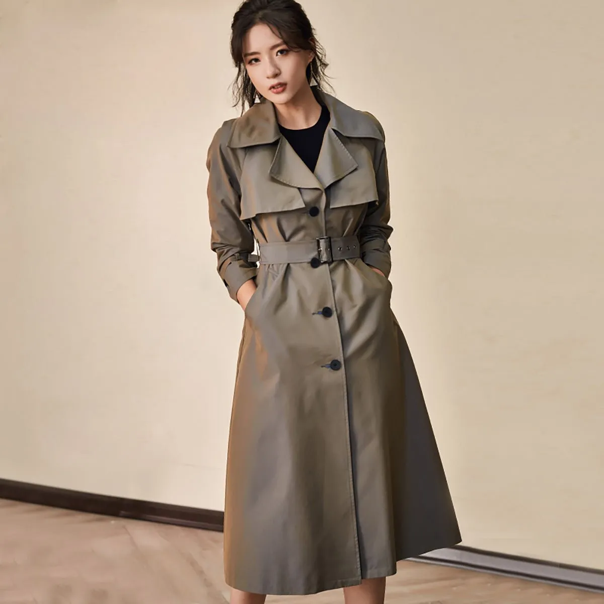 Chic Single-Breasted Green Trench Coat