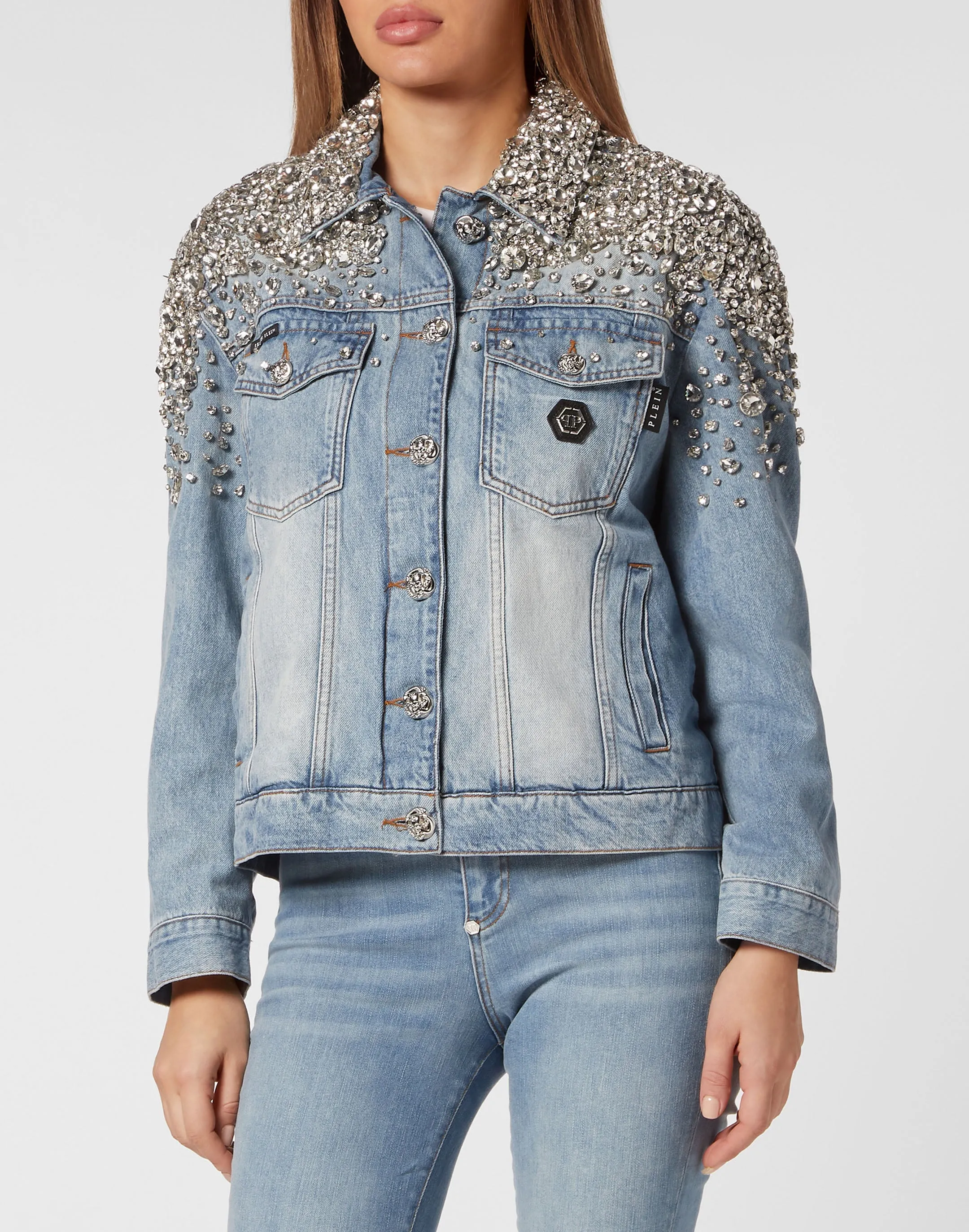 Crystal Stones Denim Oversize Jacket With Stones