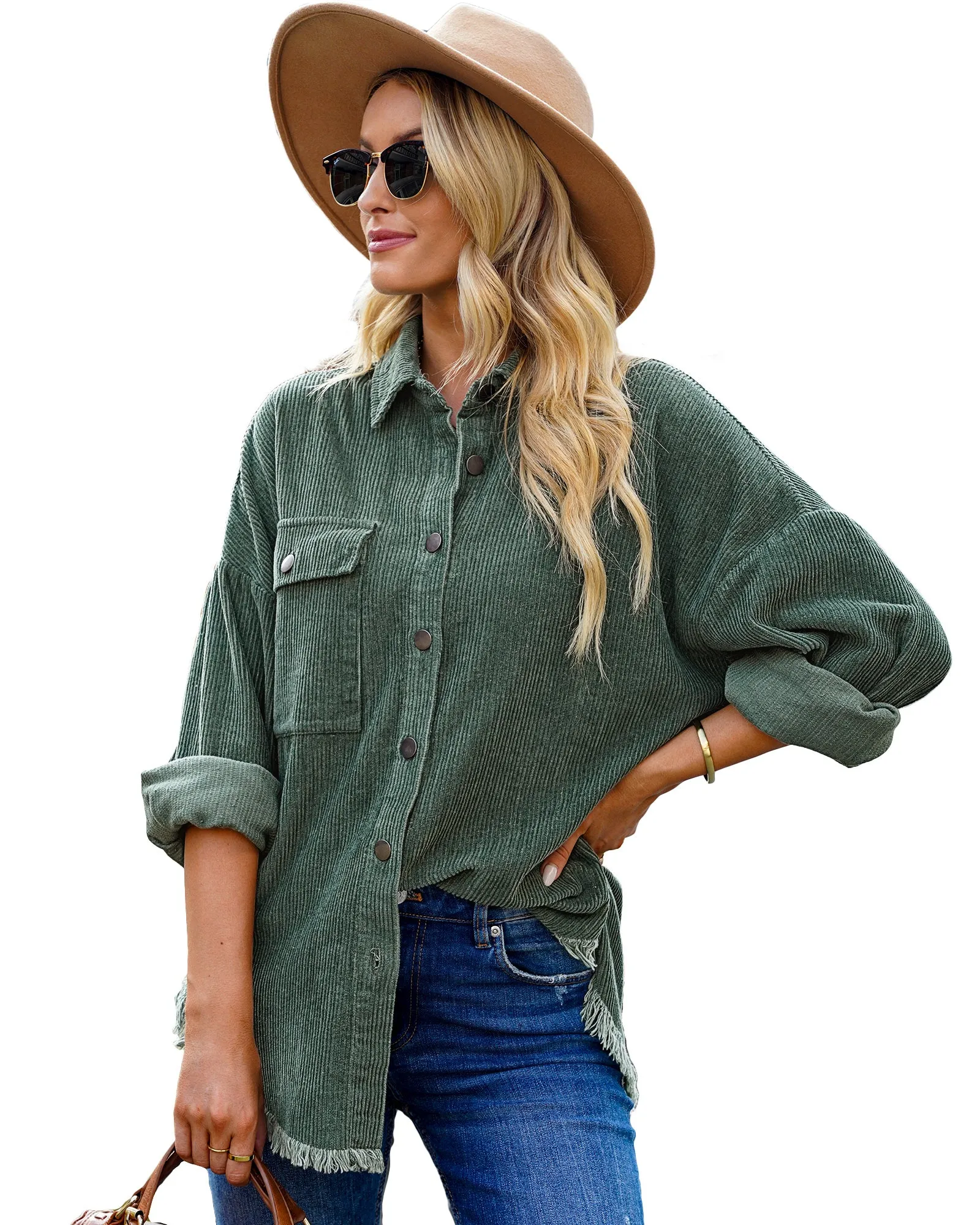 Dark Green Drop Shoulders Contrast Corduroy Button-Down Jacket