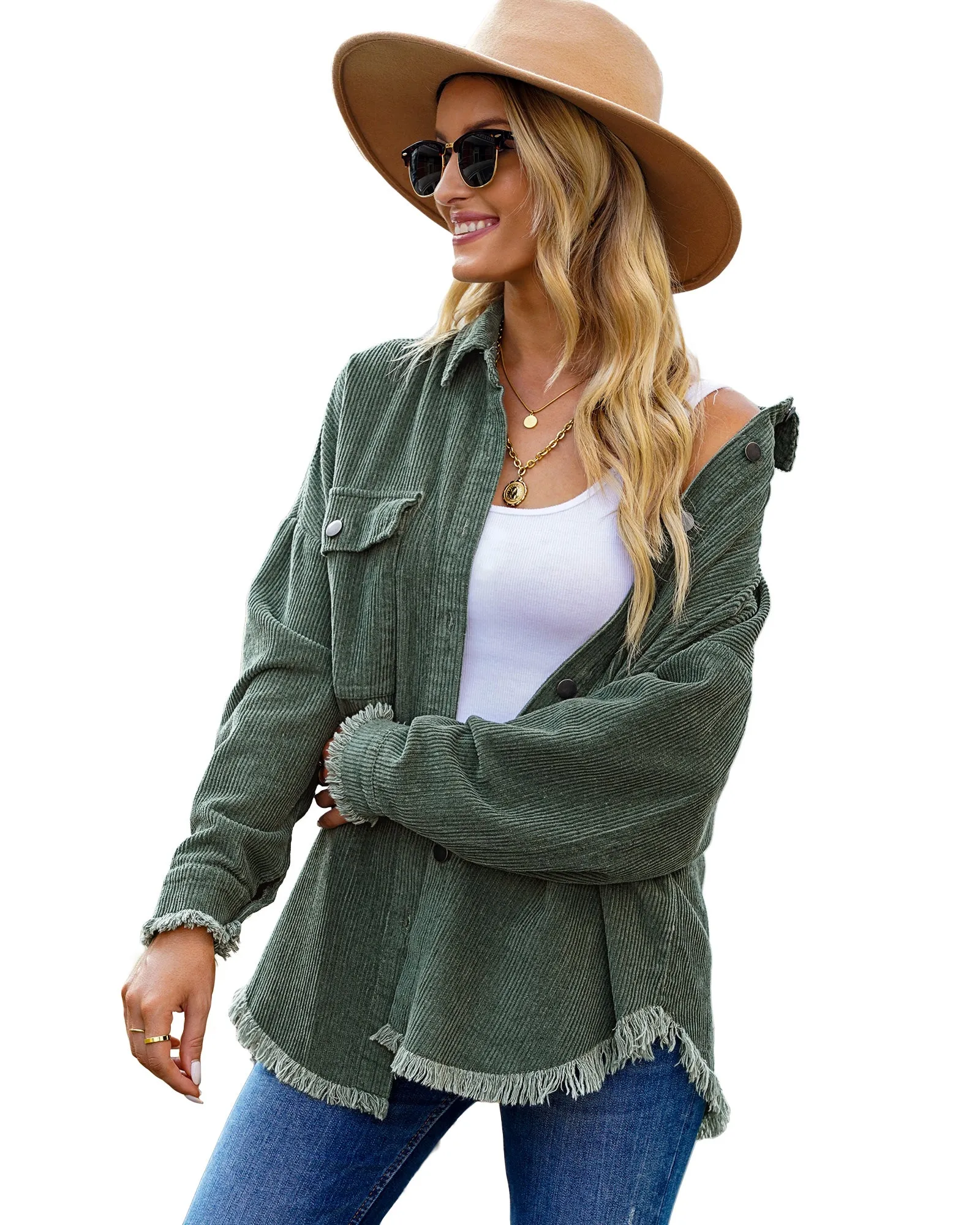 Dark Green Drop Shoulders Contrast Corduroy Button-Down Jacket