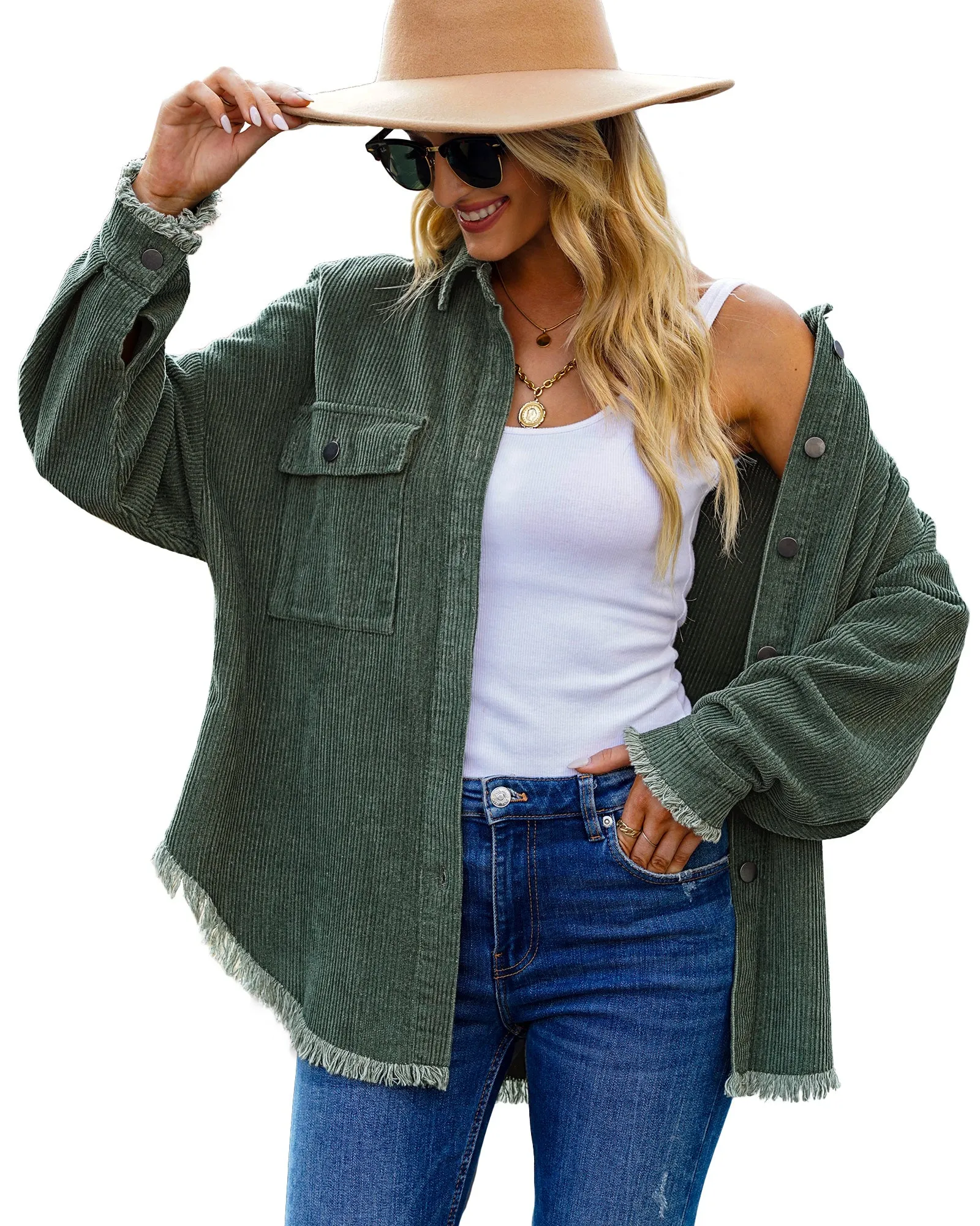 Dark Green Drop Shoulders Contrast Corduroy Button-Down Jacket