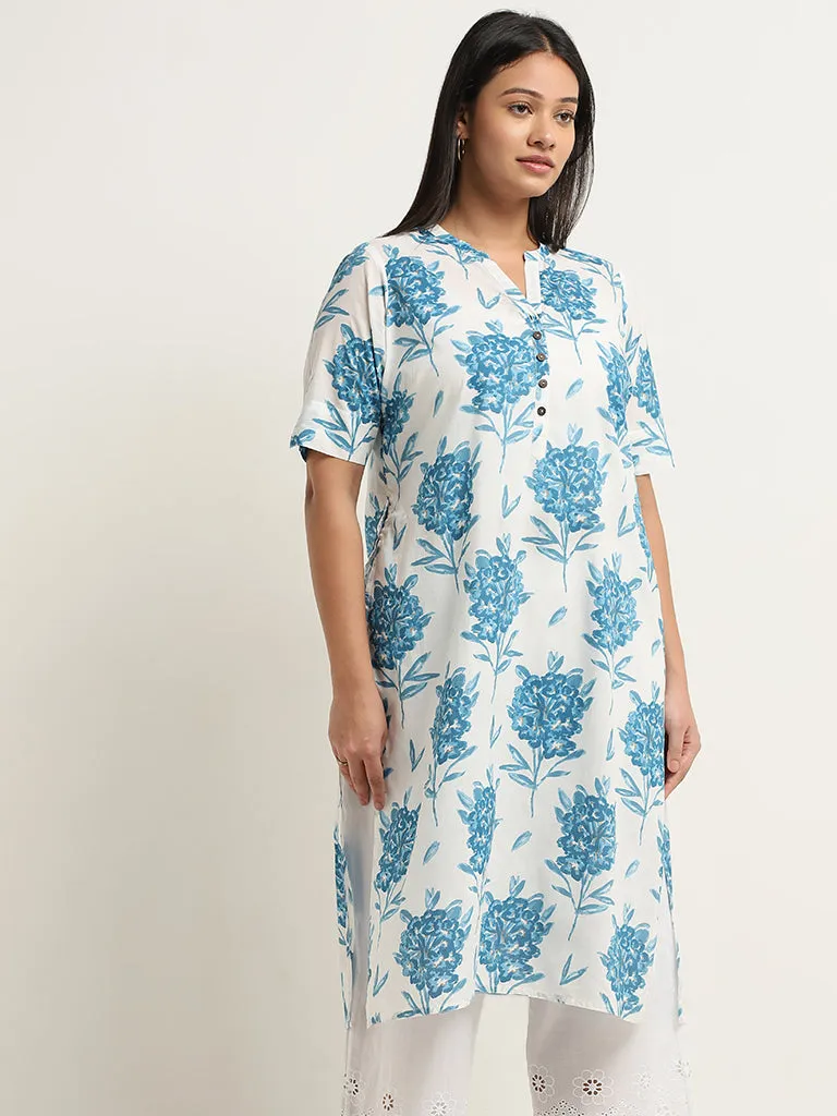 Diza Blue Floral Design Straight Cotton Kurta