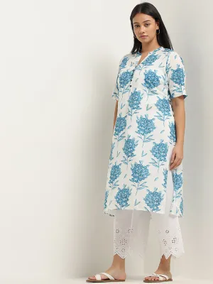 Diza Blue Floral Design Straight Cotton Kurta