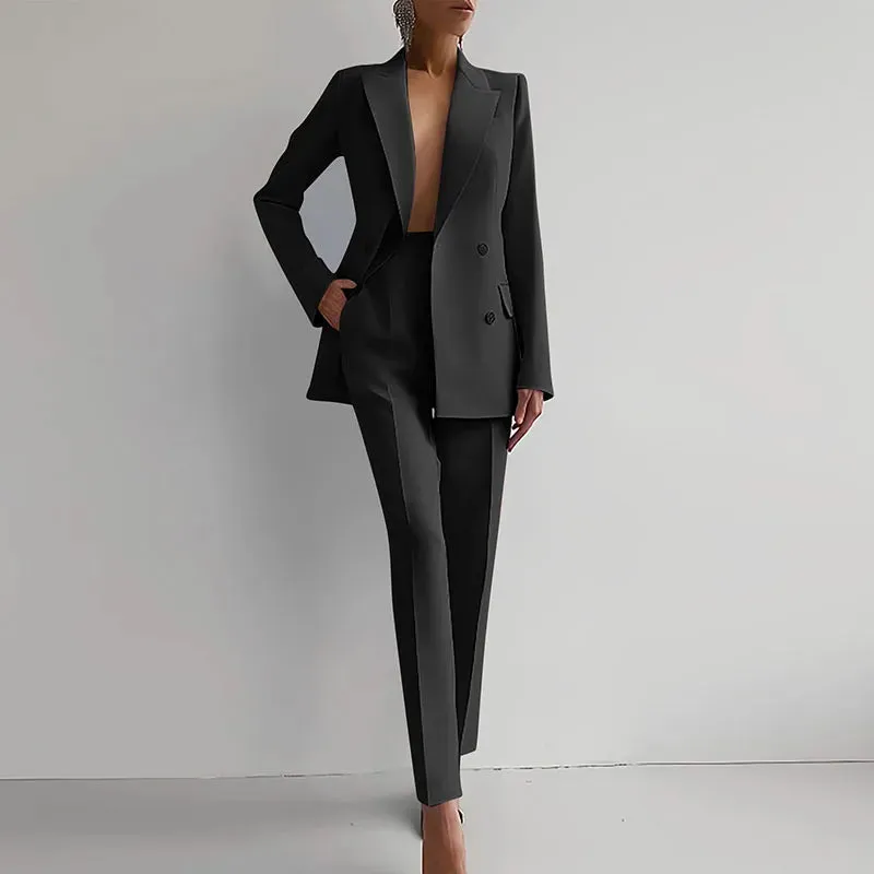 Double-breasted Slim Lapel Solid Work Chic Two-piece Ladies Autumn Set