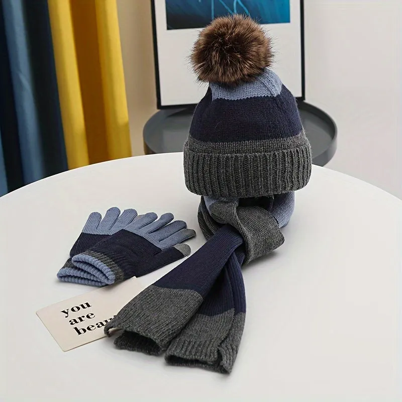 Festive Winter Knit Hat, Scarf, and Gloves Set for Teens: Striped Design, Soft Fleece, and Touchscreen Compatible