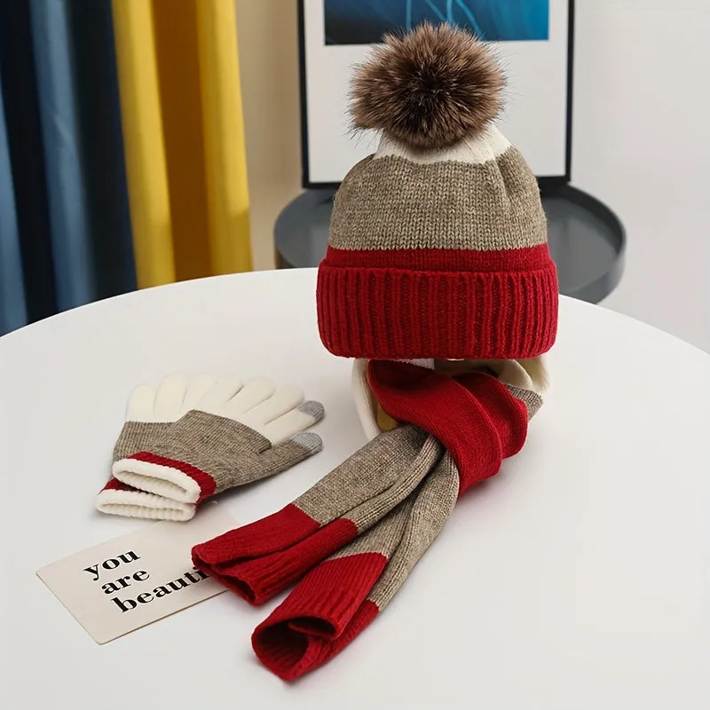 Festive Winter Knit Hat, Scarf, and Gloves Set for Teens: Striped Design, Soft Fleece, and Touchscreen Compatible