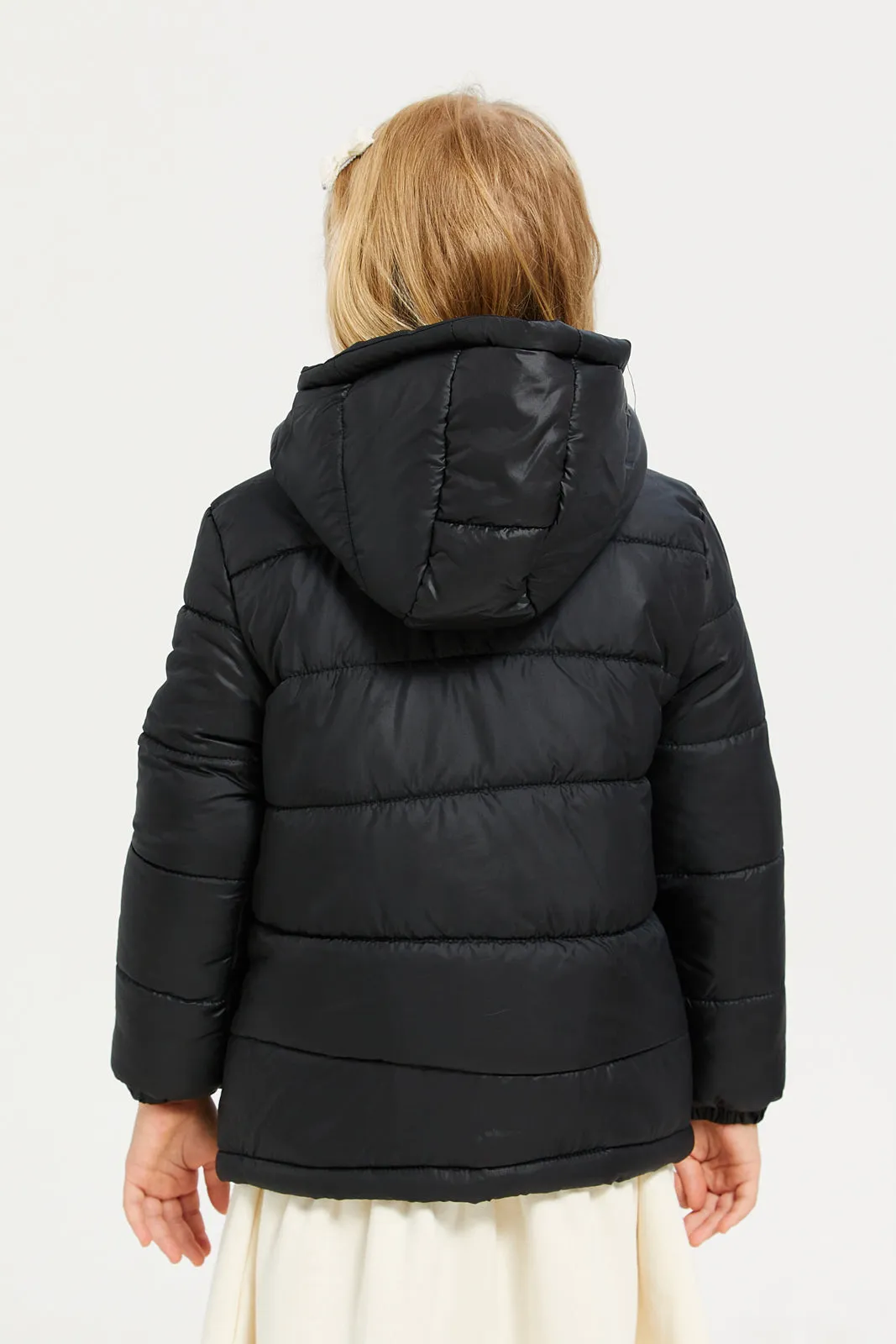 Girls Black Puffer Hooded Jacket