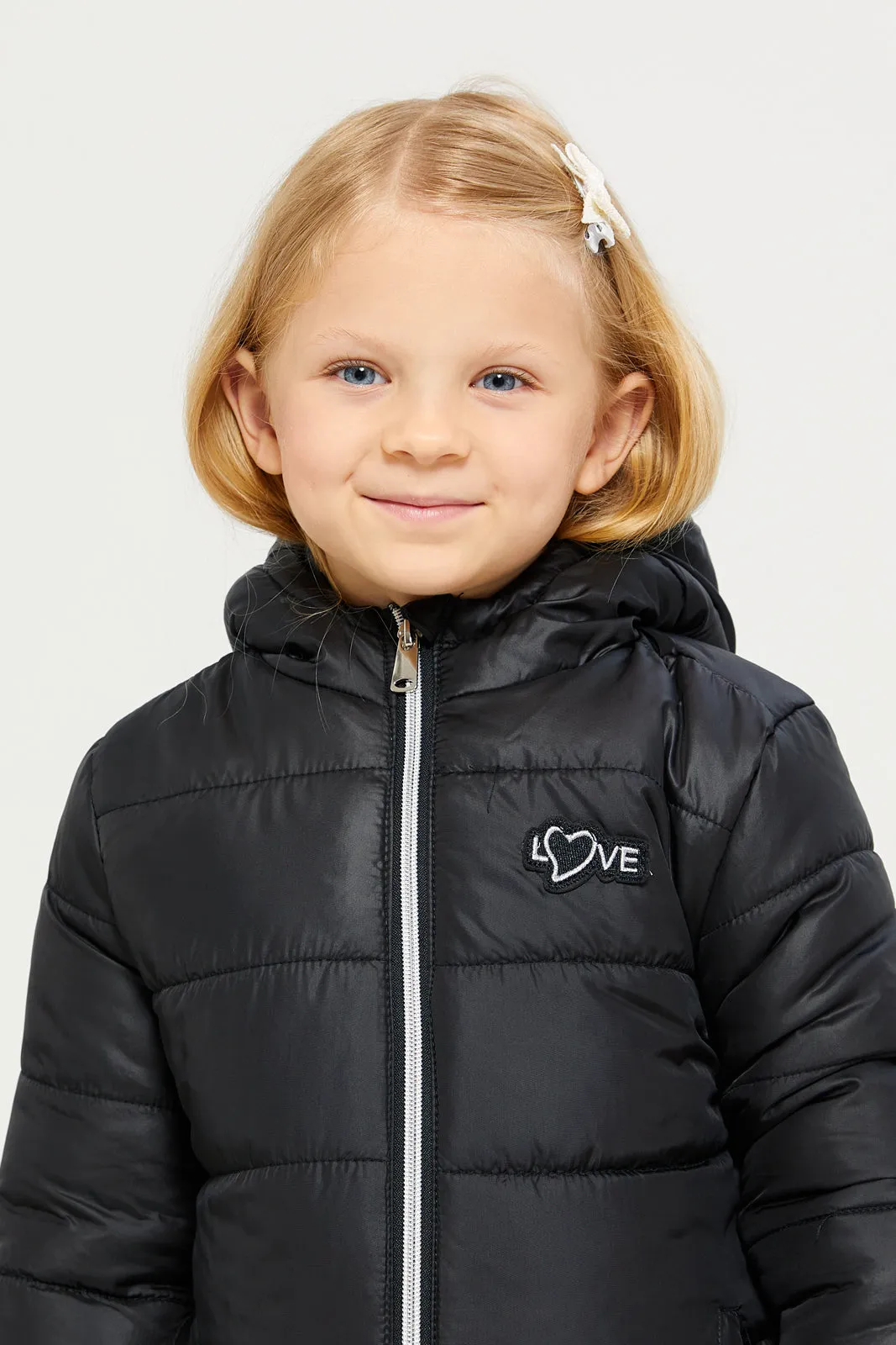 Girls Black Puffer Hooded Jacket