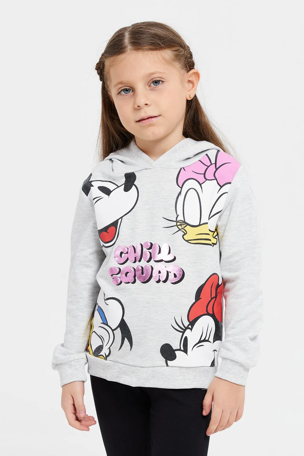 Girls Grey Printed Minnie And Daisy Hooded Sweatshirts