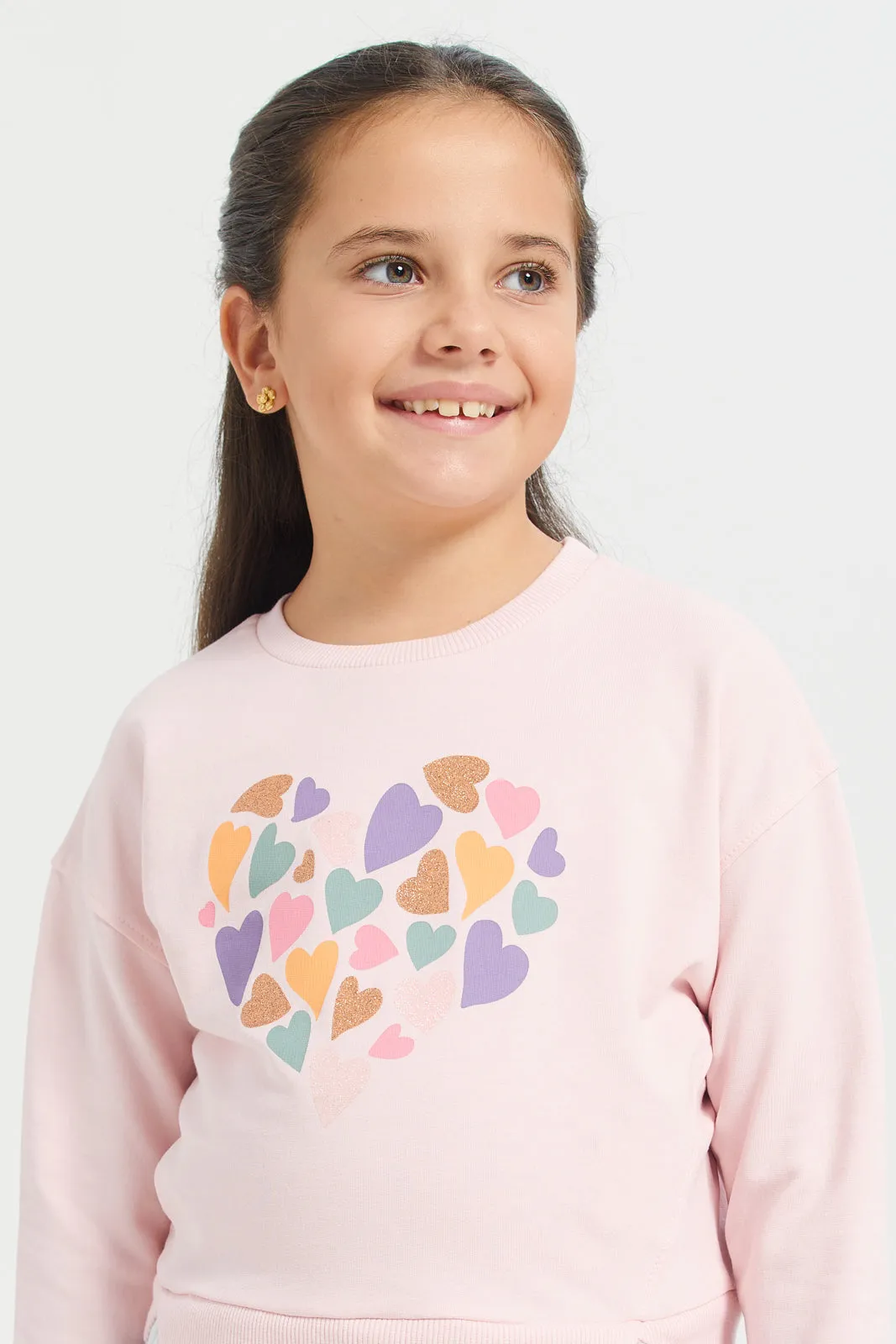 Girls Pink Long Sleeve Sweatshirt With Woven Ruffles At Bottom