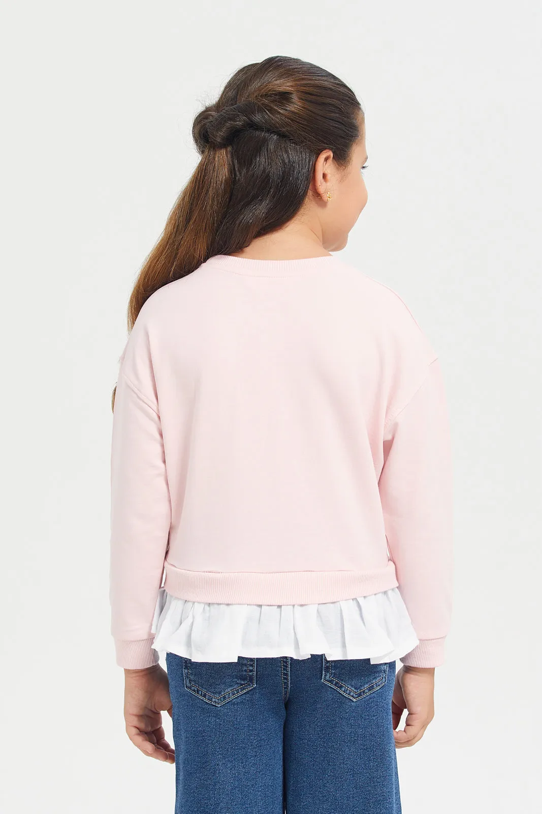 Girls Pink Long Sleeve Sweatshirt With Woven Ruffles At Bottom