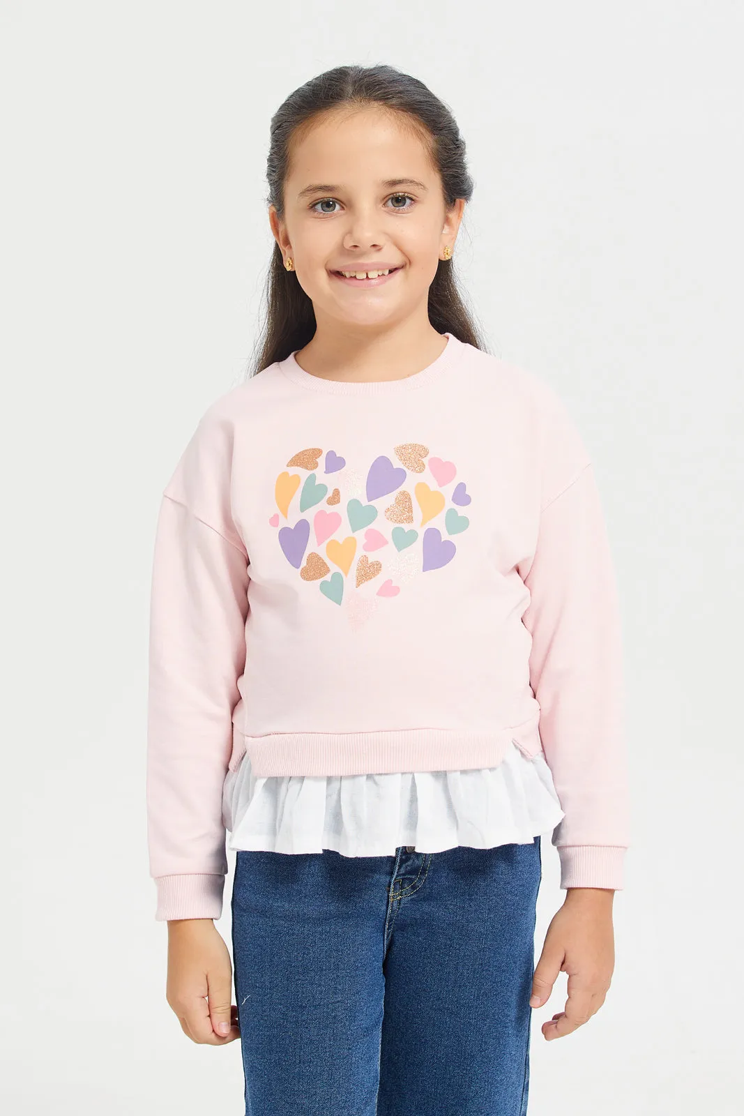 Girls Pink Long Sleeve Sweatshirt With Woven Ruffles At Bottom