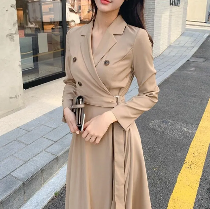 Graduation gift Elegant Pleated Women Office Dress Solid Breasted Ladies Blazer  Autumn Spring Long Sleeve Chic Female Party