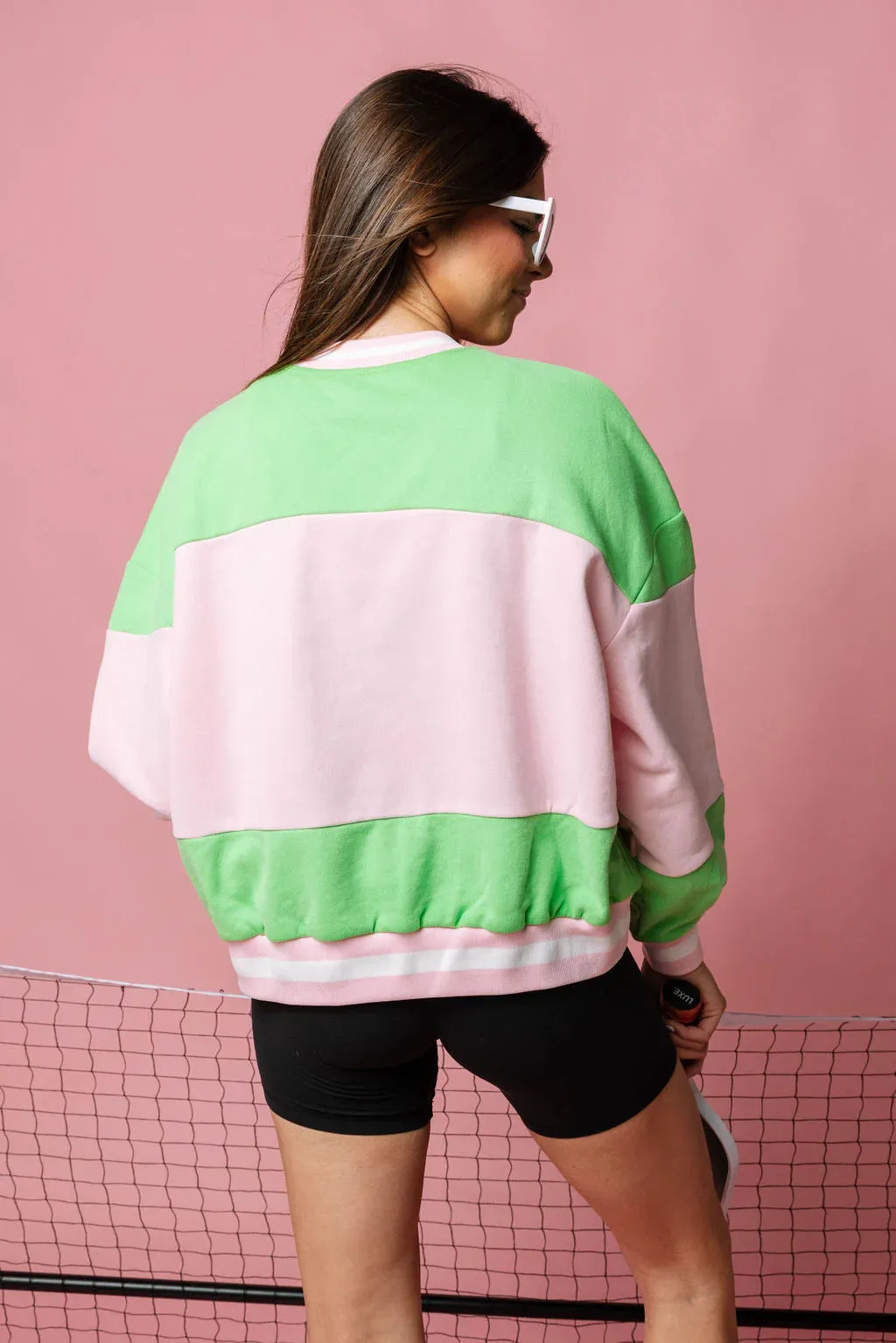 Green & Pink Stripe Pickleball Sweatshirt [Queen of Sparkles]