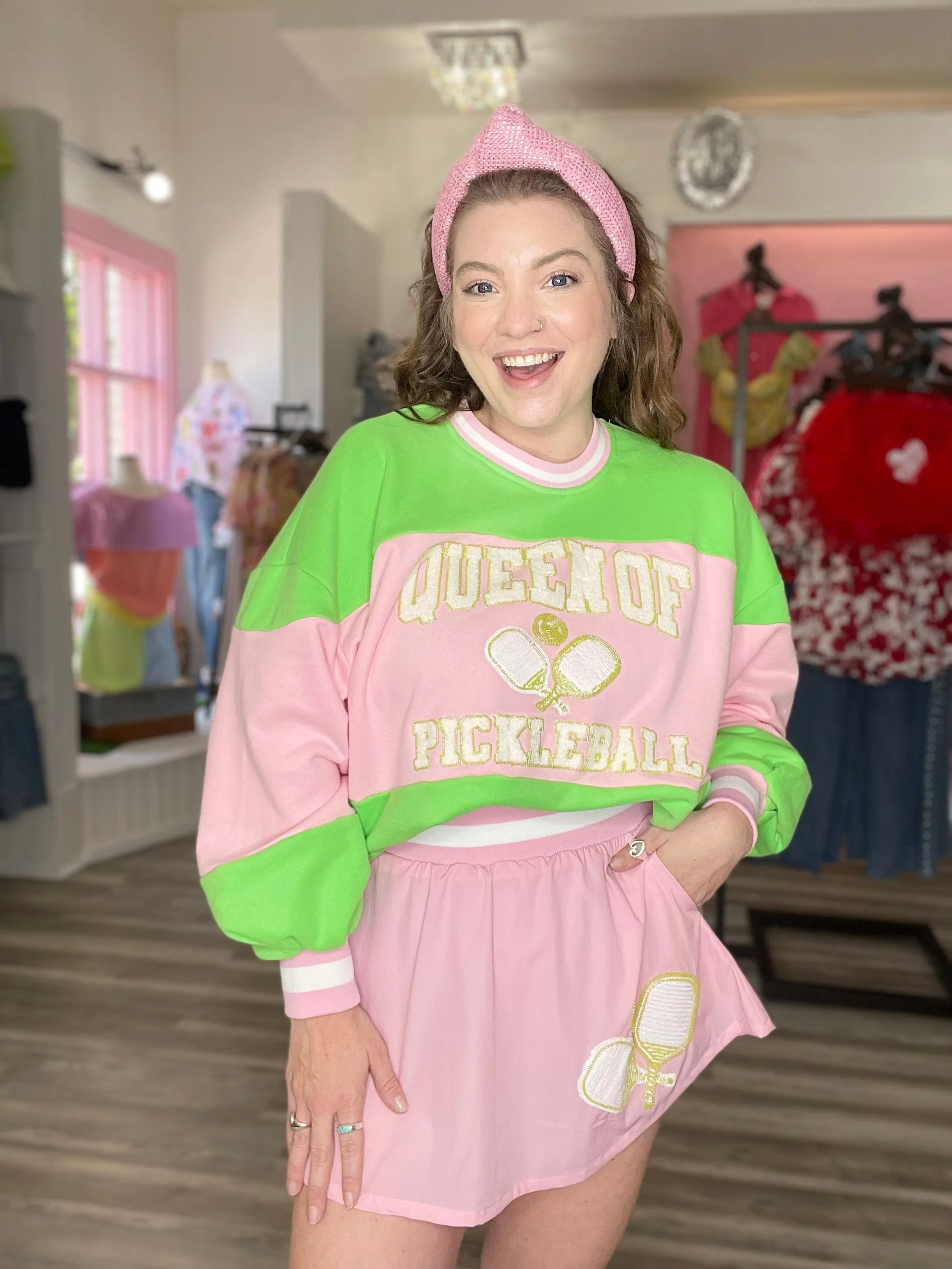 Green & Pink Stripe Pickleball Sweatshirt [Queen of Sparkles]