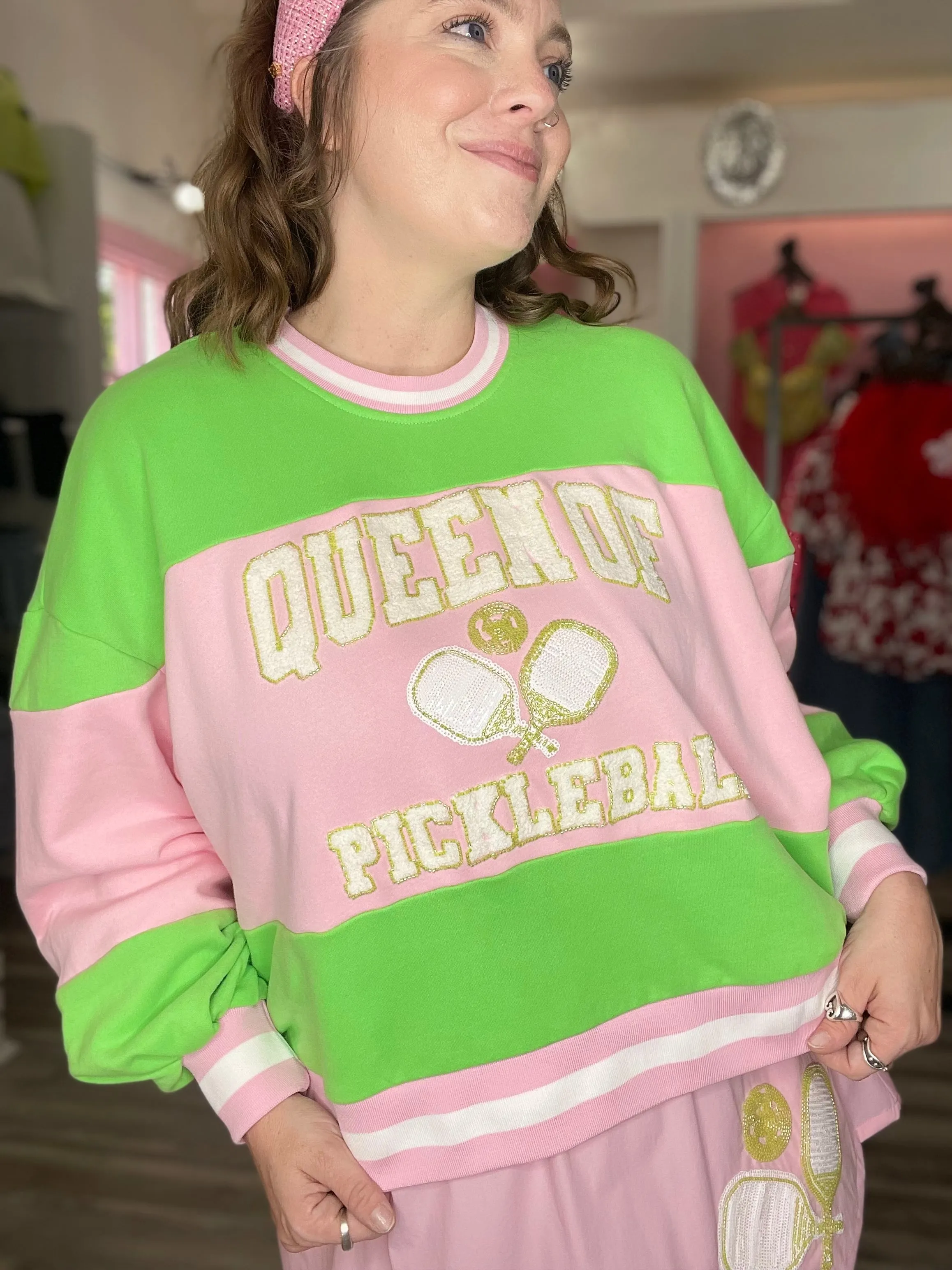 Green & Pink Stripe Pickleball Sweatshirt [Queen of Sparkles]