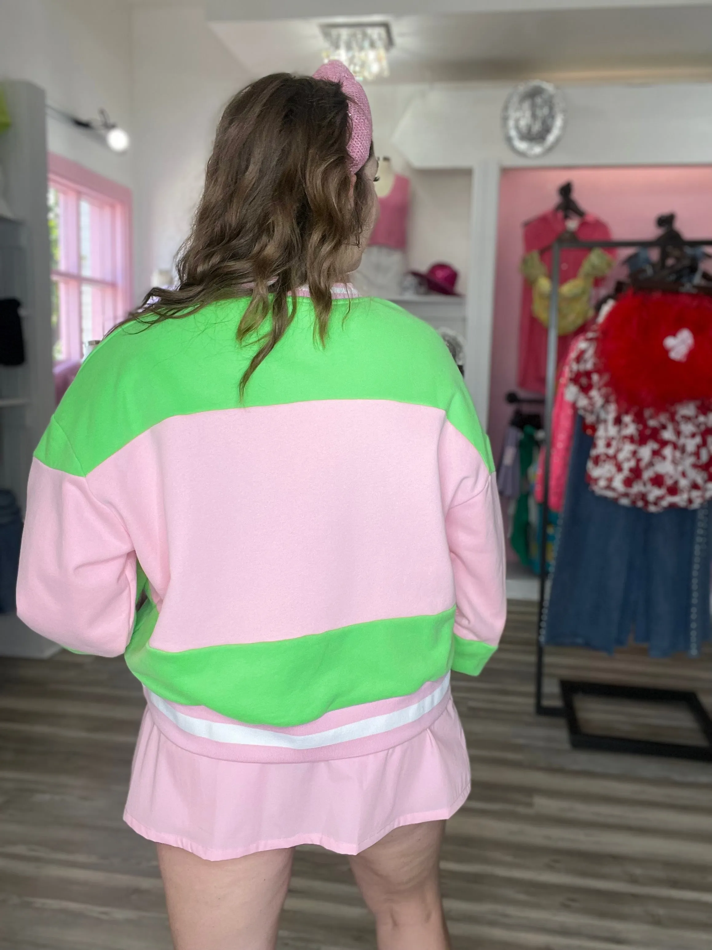 Green & Pink Stripe Pickleball Sweatshirt [Queen of Sparkles]