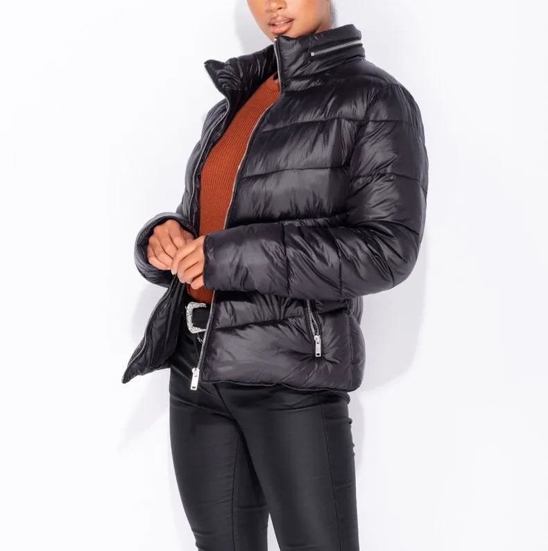 High Shine Zip Front Black  Puffa Jacket