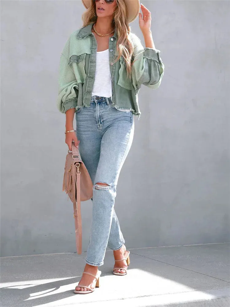 High Street Casual Loose Patchwork Green Knit Spring 2024 Female Outwear Woman Jacket