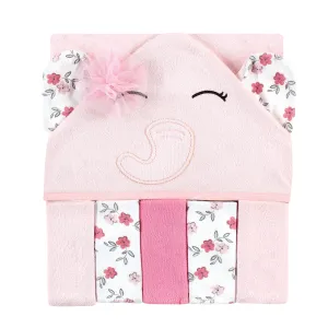 Hudson Baby Hooded Towel and Five Washcloths, Floral Pretty Elephant