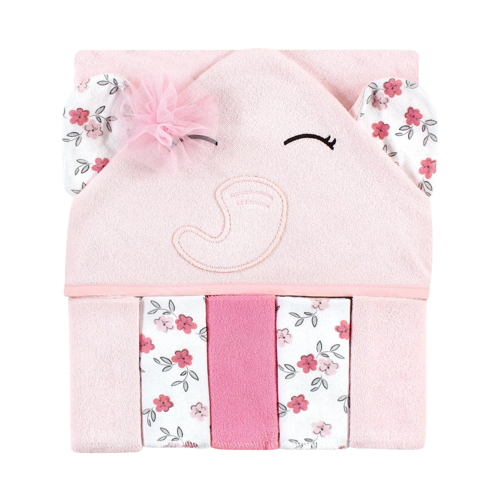 Hudson Baby Hooded Towel and Five Washcloths, Floral Pretty Elephant