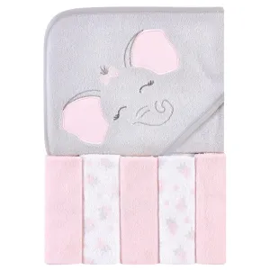 Hudson Baby Hooded Towel and Five Washcloths, Pink Elephant