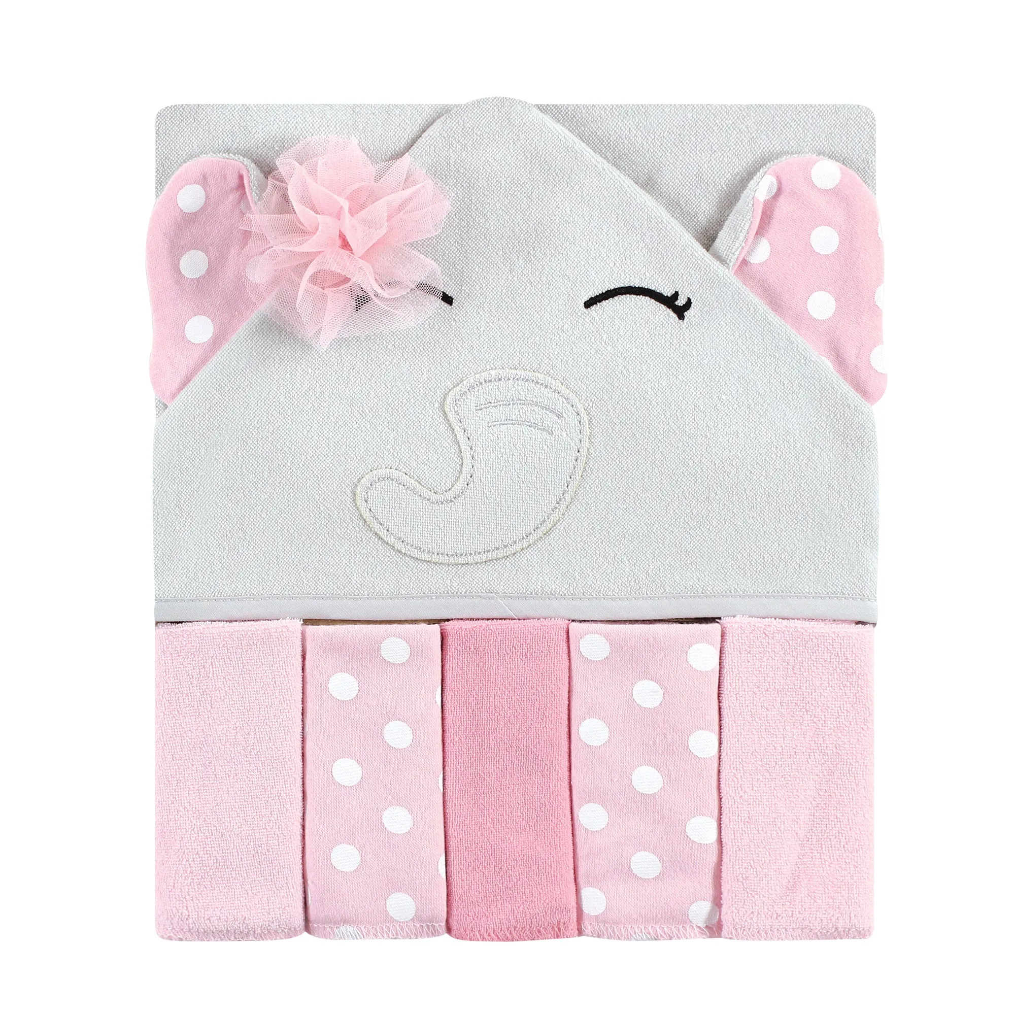 Hudson Baby Hooded Towel and Five Washcloths, White Dots Pretty Elephant